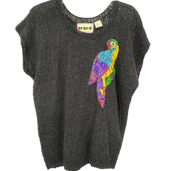 Thumsup Women's Vintage Sweater Rayon Blend Black Sequin Parrot Medium‎ - Picture 2 of 7